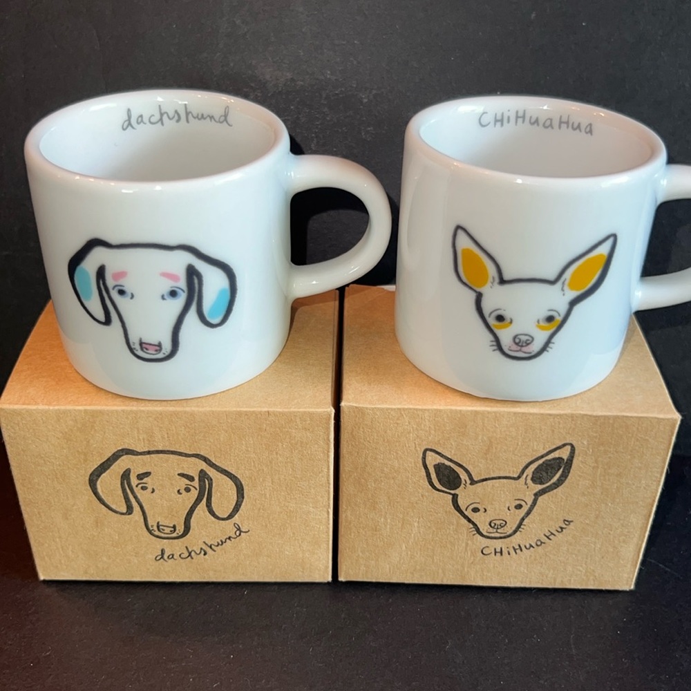 set of 2 BFF espresso cups- “CHiHuaHua” & “dachshund”-in gift boxes-NEW